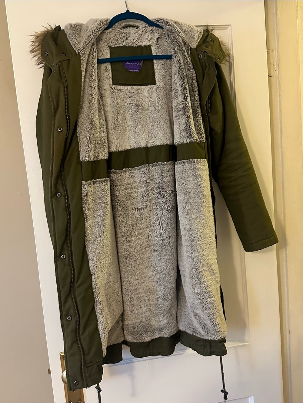 Seraphine Penelope Baby Wearing Coat 3 in 1 Green Maternity Fur Lined Parka 10 - Picture 9 of 12